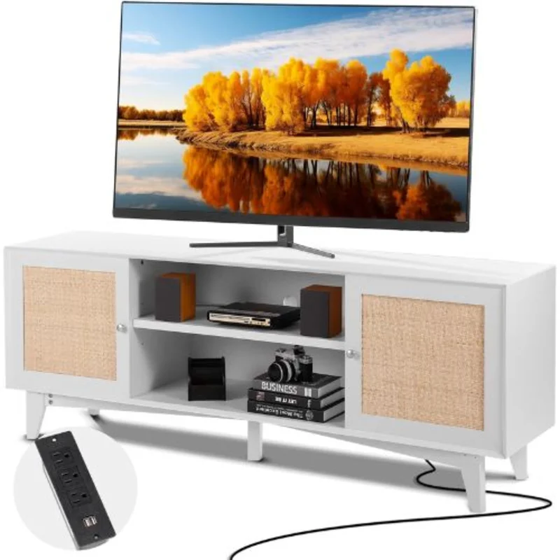 Rattan TV Stand for 75 Inch TV Boho Console with Rattan Doors & Built-in Socket (White)