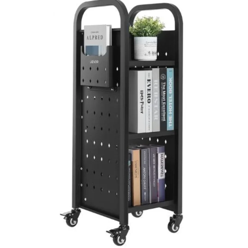 Rolling Library Book Cart 12.6 x 13.8 x 36.8-Inch Library Cart Single Sided L-Shaped Shelves with 2-Inch Lockable Wheels