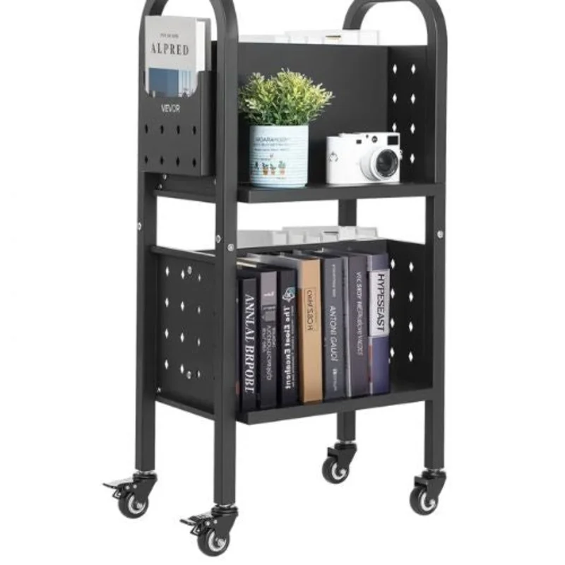 Rolling Library Book Cart 17.7 x 13.0 x 34.6-Inch Library Cart Double Sided L-Shaped Shelves with 2-Inch Lockable Wheels