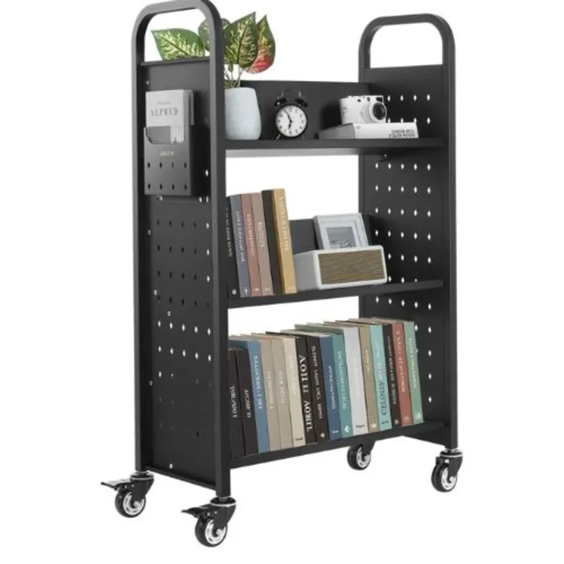 Rolling Library Book Cart 30.3 x 15 x 48.0-Inch Library Cart V-Shaped Shelves with 3-Inch Lockable Wheels