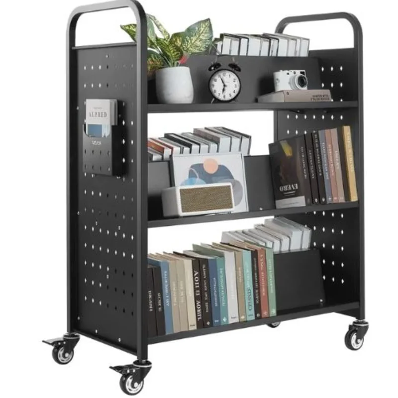 Rolling Library Book Cart 38.2 x 20.3 x 48.2-Inch Library Cart Double Sided W-Shaped Shelves with 3-Inch Lockable Wheels