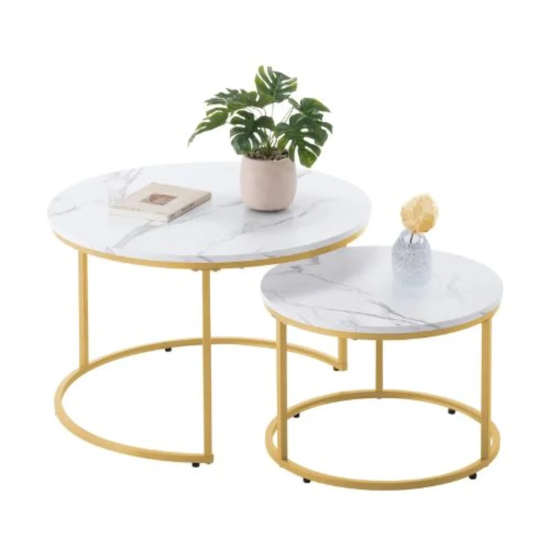 Round Nesting Coffee Tables Set of 2 White & Gold