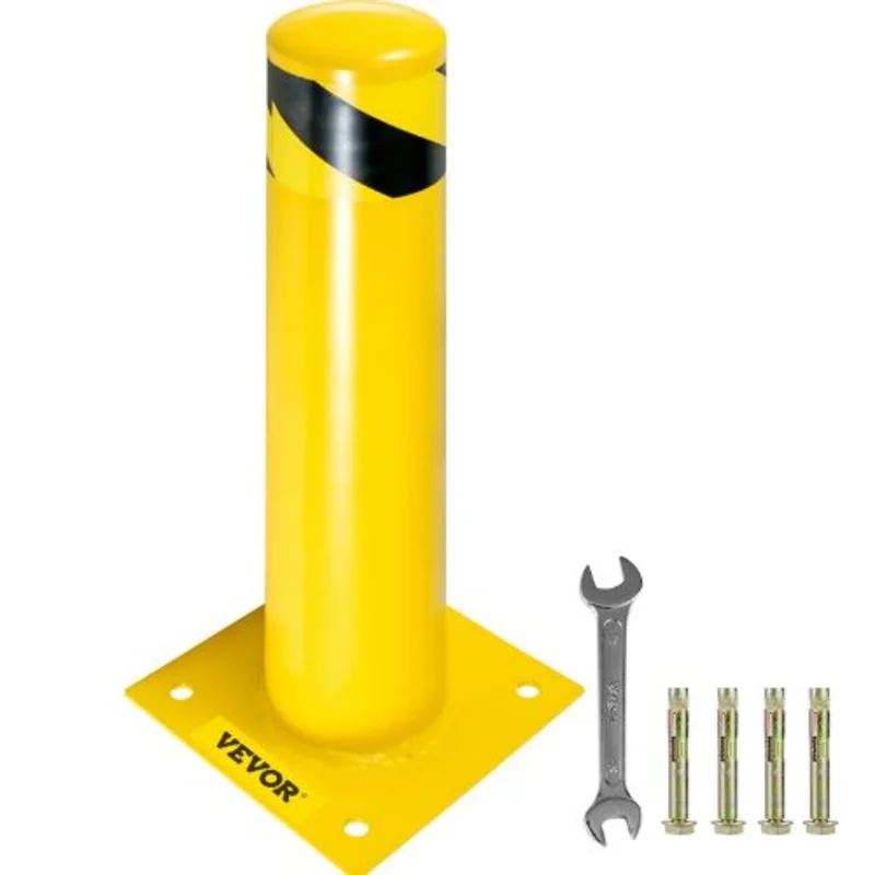 Safety Barrier Bollard 4-1/2" OD 24" Height Yellow Powder Coat Pipe Steel Safety Barrier with 4 Free Anchor Bolts