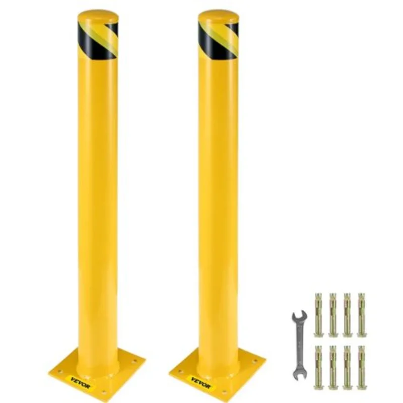 Safety Bollard 42 Inch Height Bollard Post 5.5 Inch Diameter Steel Pipe Safety Bollard Post Steel Safety Bollard with 8 Anchor Bolts