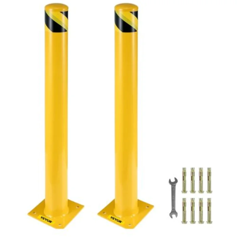 Safety Bollard 48 Inch Height Bollard Post 4.5 Inch Diameter Steel Pipe Safety Bollard Post Yellow Steel Bollard Steel Safety Bollard with 8 Anchor Bolts