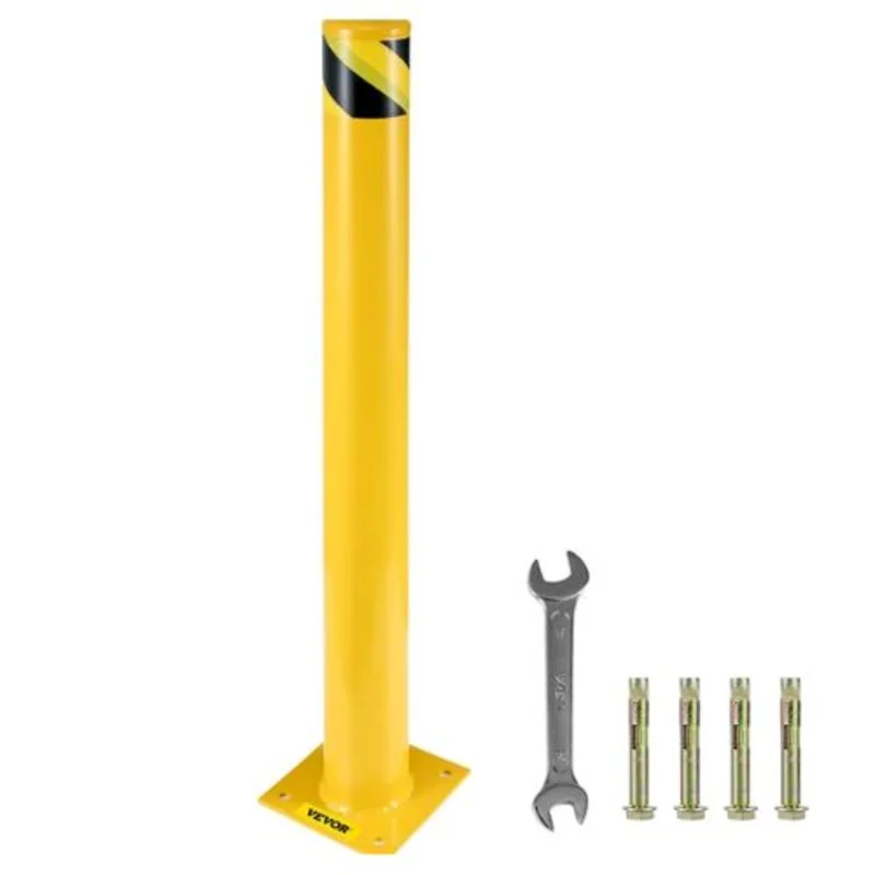 Safety Bollard 48"x4.5" Safety Barrier Bollard 4-1/2" OD 48" Height Yellow Powder Coat Pipe Steel Safety Barrier with 4 Free Anchor Bolts