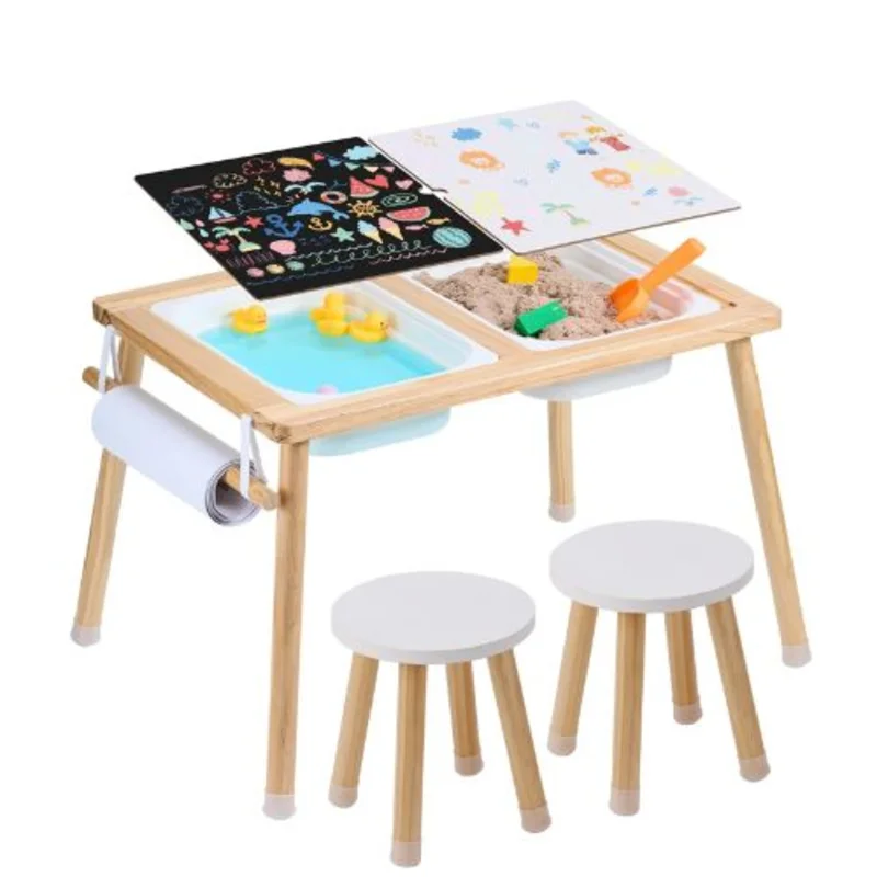 Sensory Table Set with 2 Stools Storage Bins & Paper Roll Holder Indoor/Outdoor Sand & Water Play Table Wooden Gift for Kids