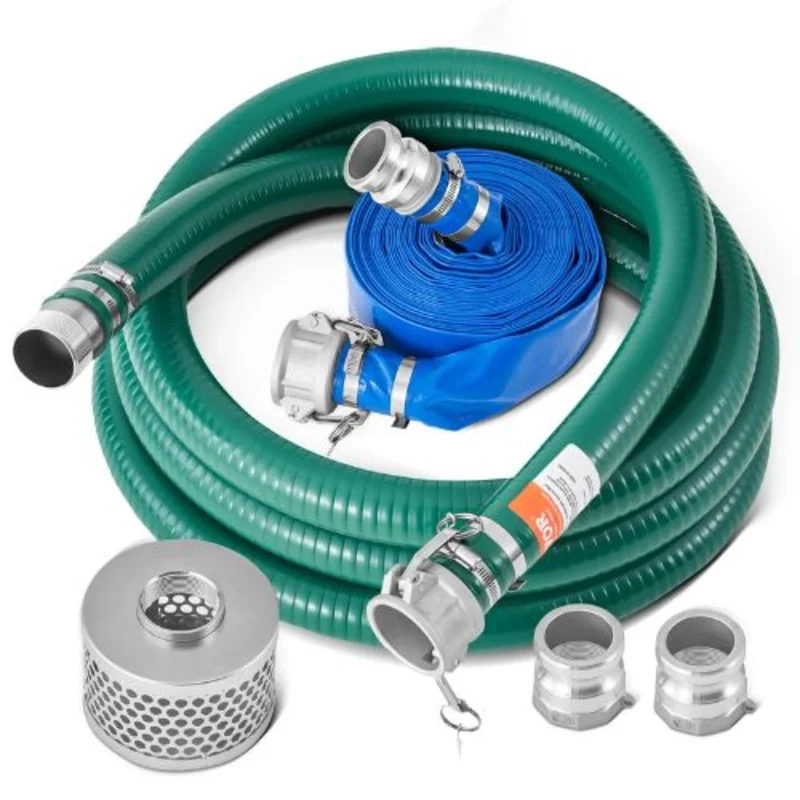 Suction Hose Kit for Water Pump - 2 x 65 ft Blue Backwash Hose 20 ft Green Suction Hose Steel Strainer Camlocks & Clamps | Multi-Purpose Use