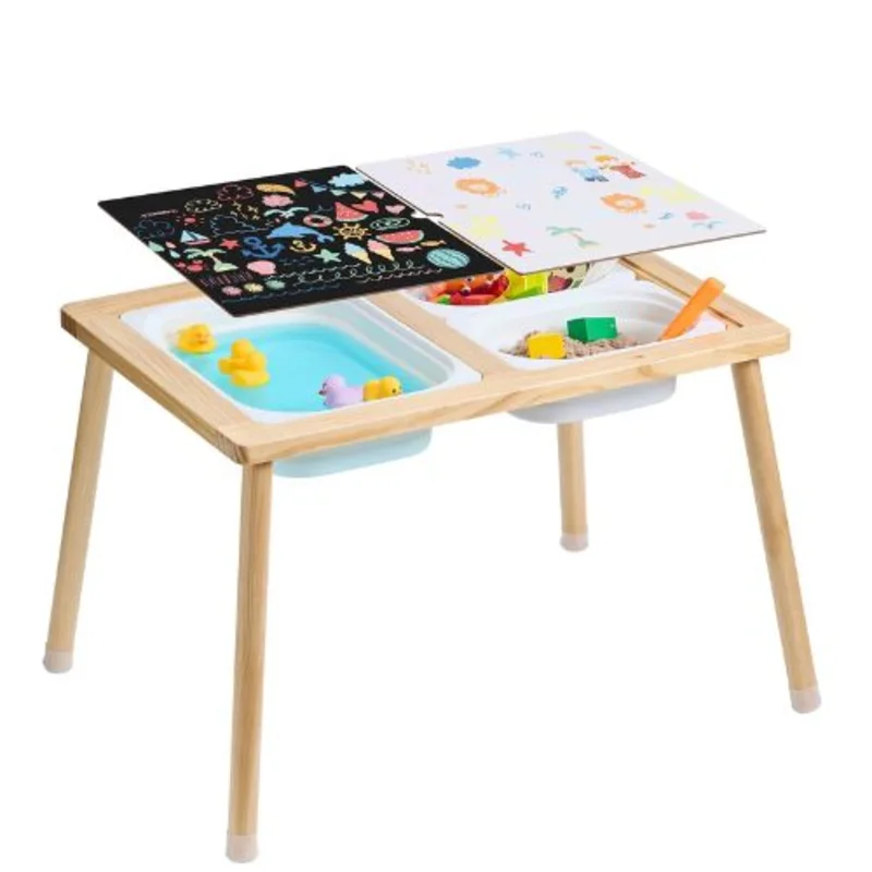Toddler Sensory Table with 3 Storage Bins & Double-Sided Board Indoor/Outdoor Play Wooden Table for Drawing & Studying