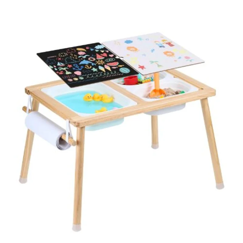 Toddler Sensory Table with 3 Storage Bins & Paper Roll Holder Indoor/Outdoor Sand & Water Play Wooden Gift for Kids