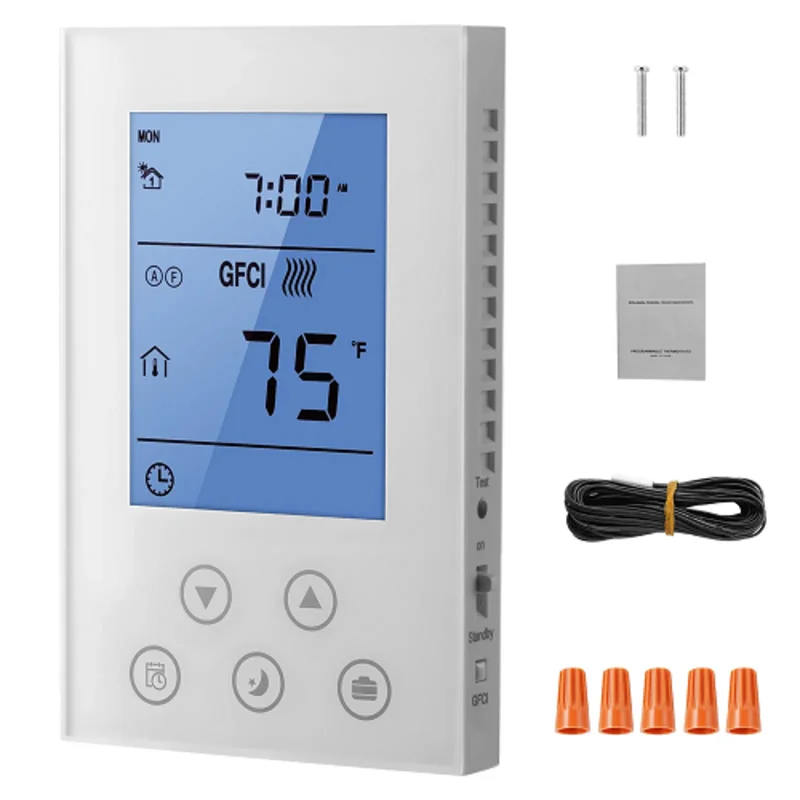 Touchscreen Programmable Radiant Floor Heating Thermostat With Built-In GFCI and Sensor White GM4