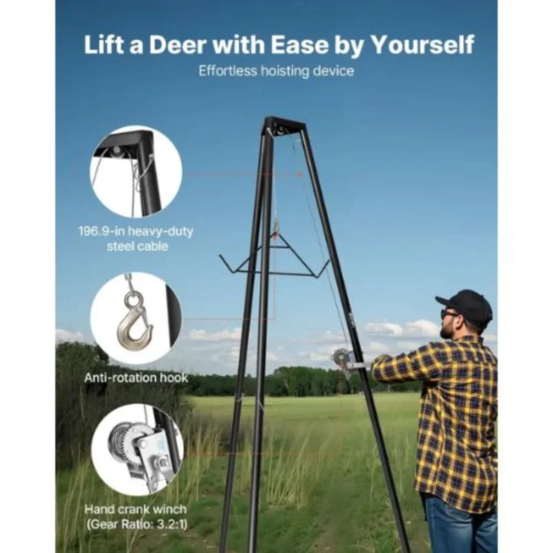 Tripod Deer Hoist 500 lbs Load Capacity Hunting Game Hoist Winch Lift with Gambrel & Manual Winch Hunting Game Skinning and Cleaning Accessory for Cleaning Black
