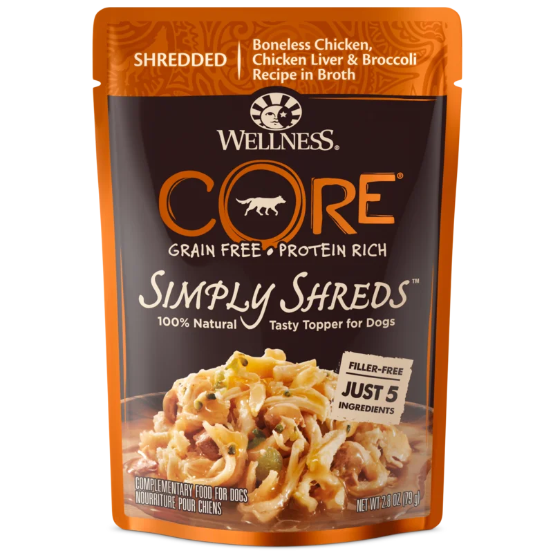 Wellness CORE Simply Shreds for Dogs Shredded Boneless Chicken, Chicken Liver & Broccoli Recipe in Broth