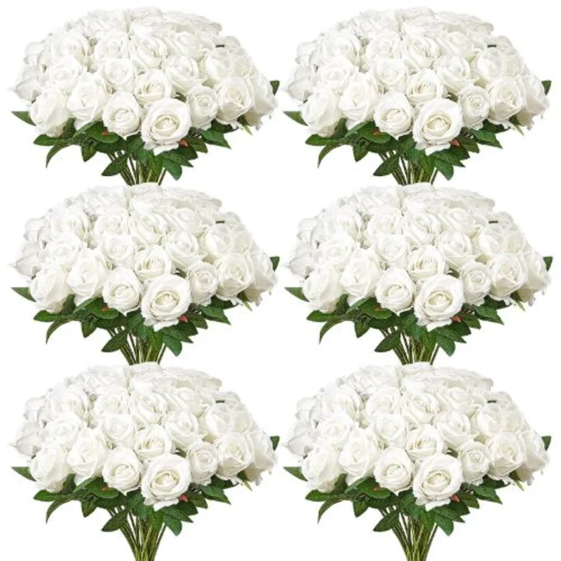 White Roses Realistic Bouquet for Xmas Home Decor Artificial Flowers (120 PCS)
