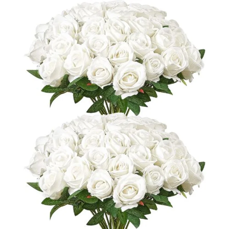 White Roses Realistic Bouquet for Xmas Home Decor Artificial Flowers JNR-WHITE-060 (60 PCS)