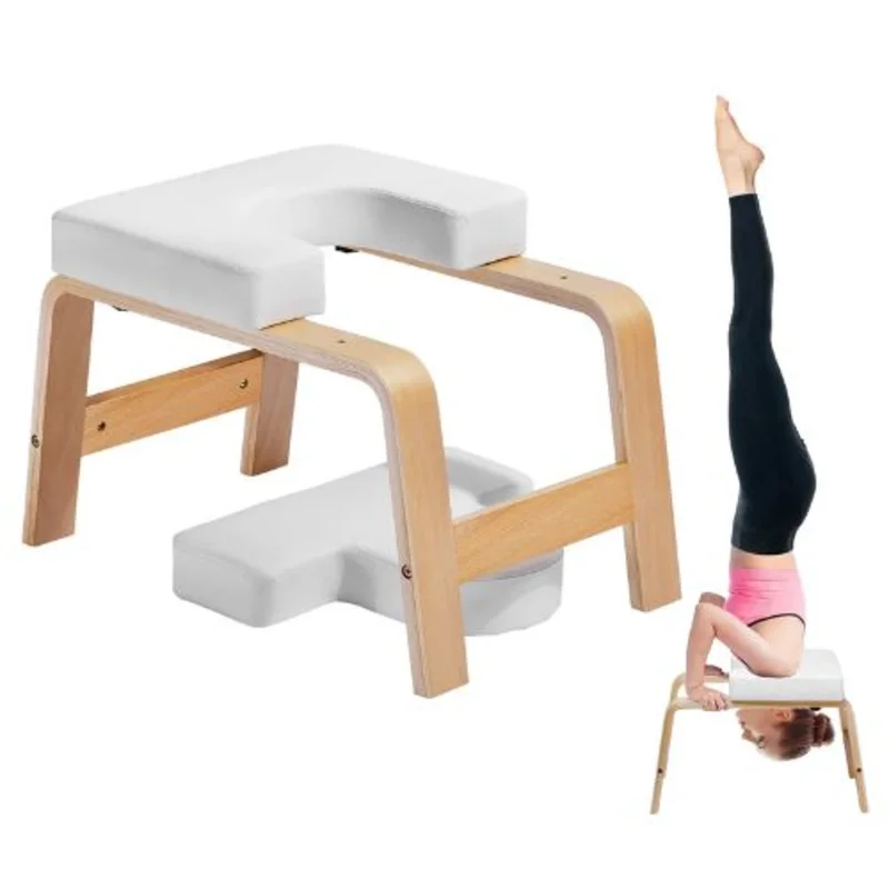 Yoga Headstand Bench 300lbs Capacity Inversion Chair with Wood Frame & PU Pad for Balance Training Fatigue Relief (White)